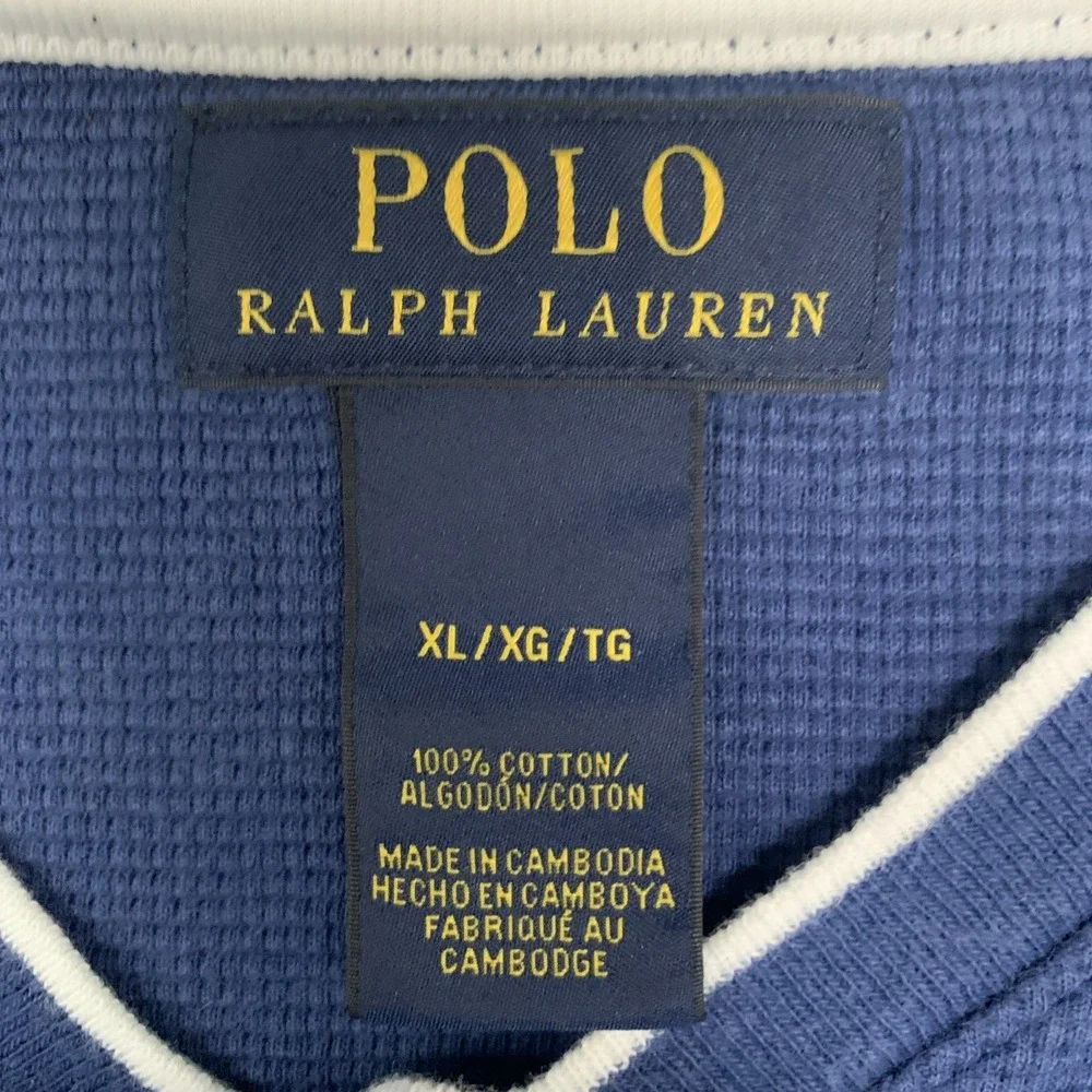 Polo Ralph Lauren Long Sleeve Waffle Knit Shirt Men's XL Blue 100% Cotton V-Neck